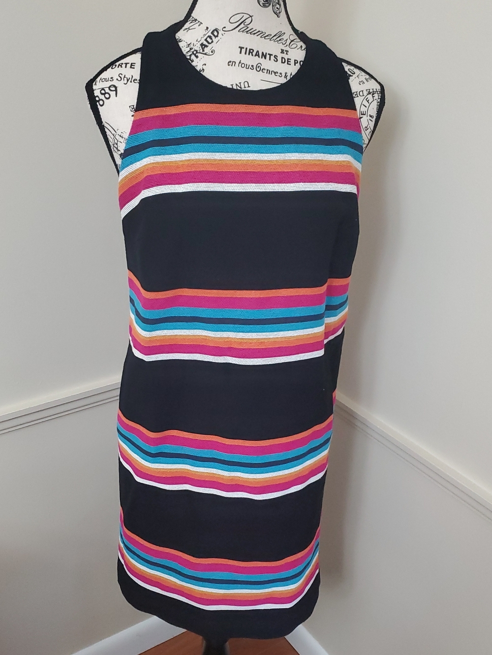 Trina Turk Sleeveless Black Striped Dress with Multi-Color Bands 8 Summer Cruise